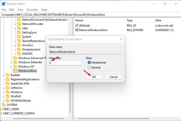 введите 0 в поле данных значения RemoveWindowsStore