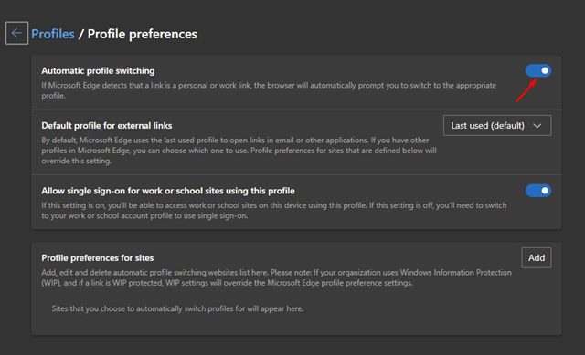 включите переключатель «Автоматическое переключение профилей»