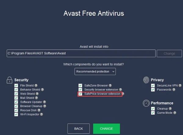 Удалите Avast SafePrice из панели управления.