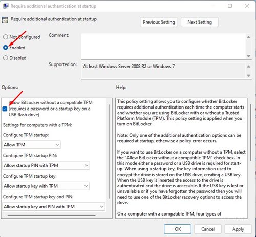 установите флажок «Разрешить BitLocker без совместимого TPM».