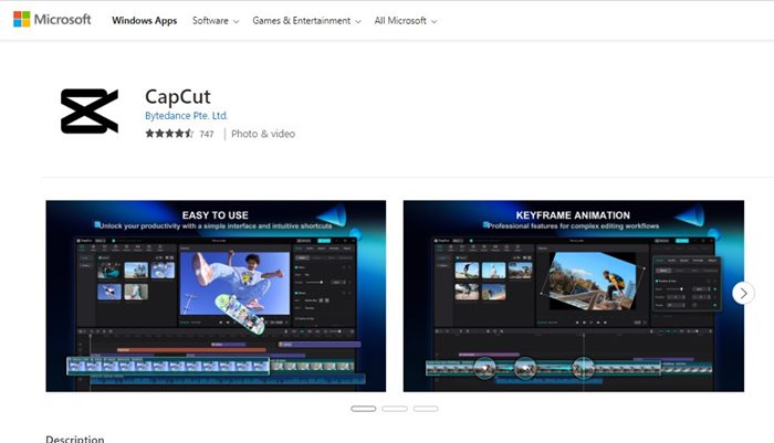 Загрузите Capcut для ПК из Microsoft Store.