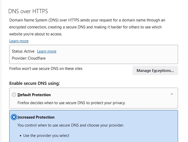 Включить DNS через HTTPS