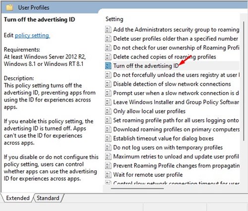дважды щелкните политику «Отключить рекламный идентификатор».