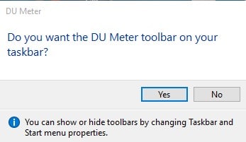 Нажмите «Да», чтобы добавить панель инструментов DU Meter на панель задач.