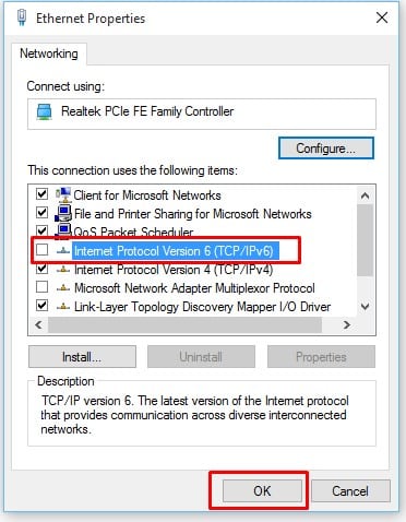 Снимите флажок «Протокол Интернета версии 6 (TCP/IPv6)».