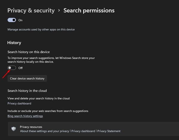отключите переключатель истории поиска на этом устройстве