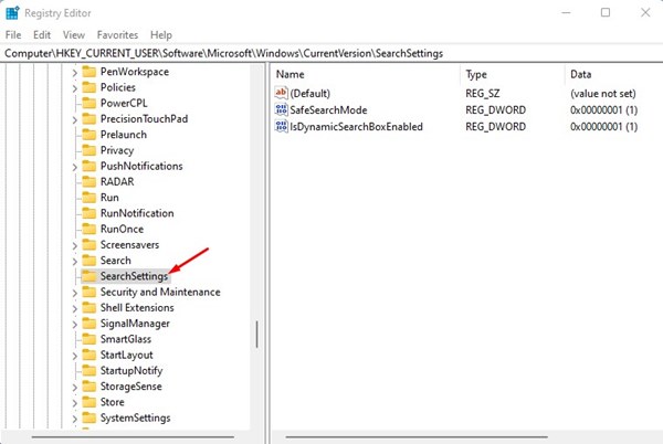 HKEY_CURRENT_USER\Software\Microsoft\Windows\CurrentVersion\SearchSettings