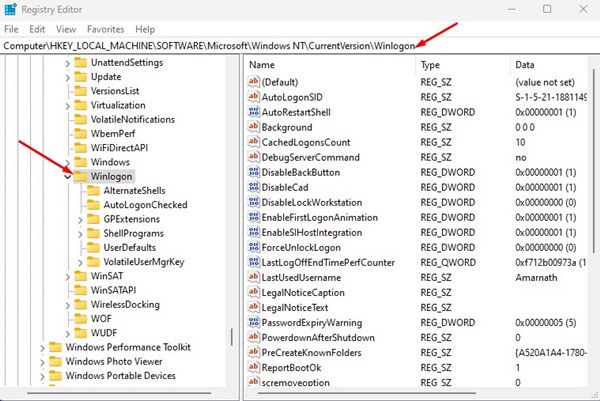 HKEY_LOCAL_MACHINE\SOFTWARE\Microsoft\Windows NT\CurrentVersion\Winlogon