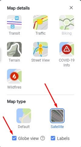 выберите Спутник в типе карты