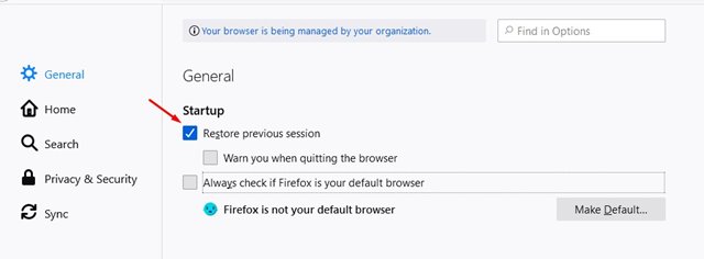 Настройте Firefox на запоминание вкладок