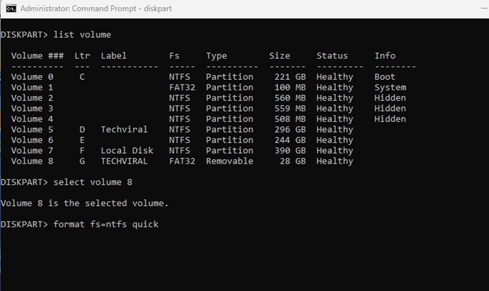 быстро отформатировать fs=ntfs