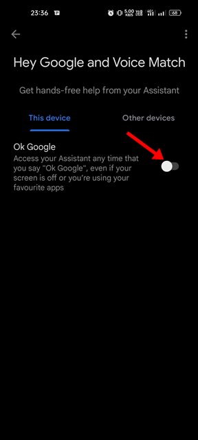 выключите переключатель «Окей, Google»