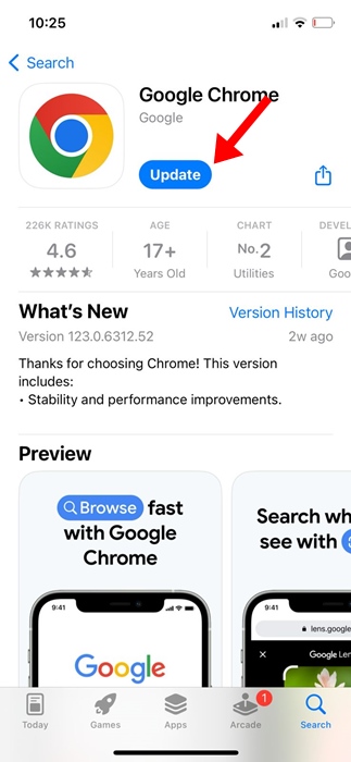 Обновить браузер Chrome на iPhone