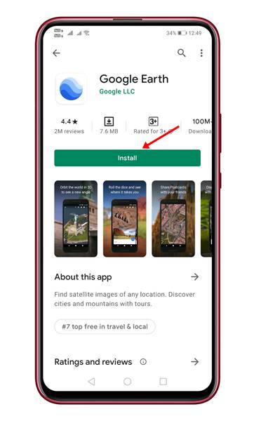 откройте Google Play Store и найдите «Google Earth».