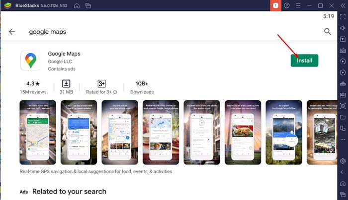 Нажмите кнопку «Установить» за Google Maps.