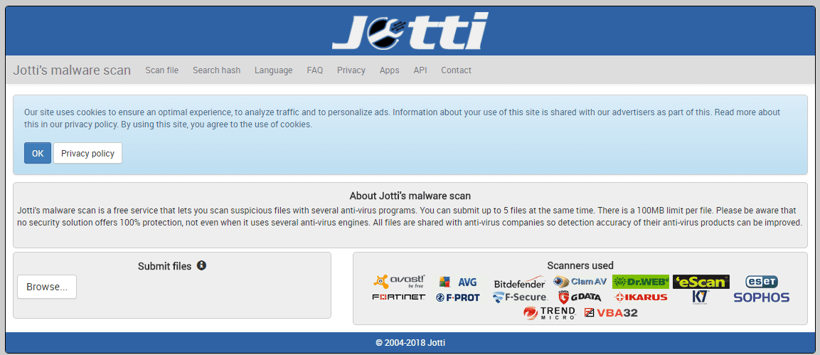 посетите веб-страницу Джотти по сканированию вредоносных программ