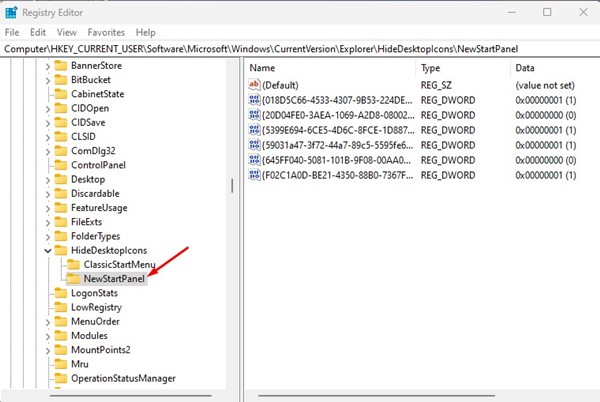 HKEY_CURRENT_USER\Software\Microsoft\Windows\CurrentVersion\Explorer\HideDesktopIcons\NewStartPanel