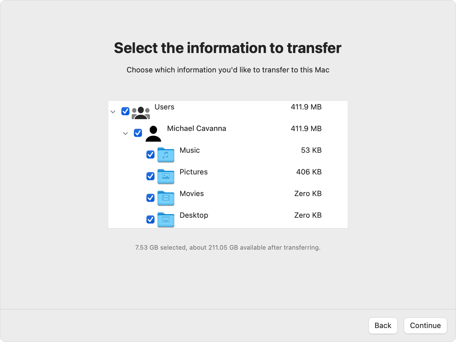 выберите данные, которые вы хотите перенести на свой Mac