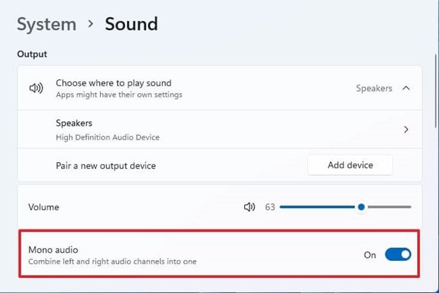 Включить монозвук в Windows 11