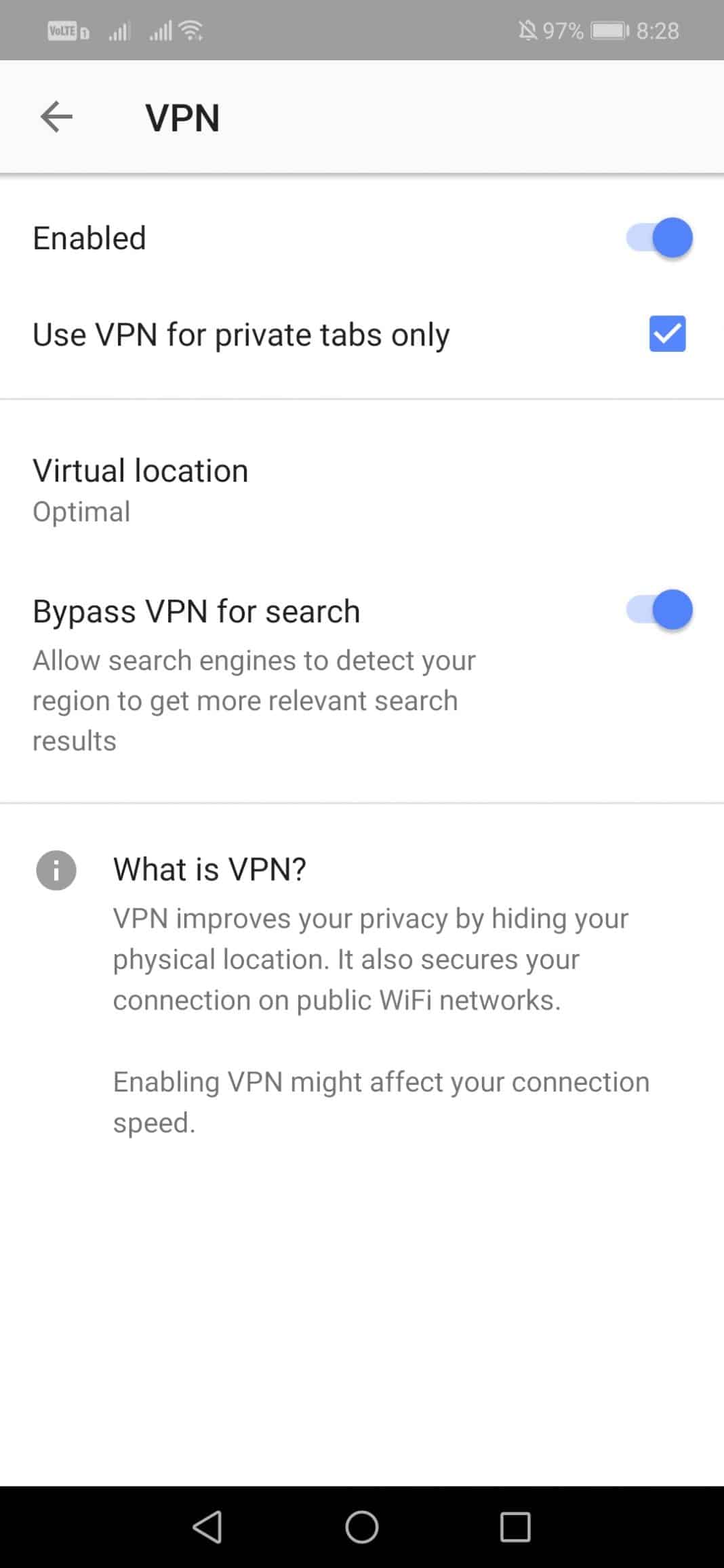 Безопасный просмотр веб-страниц с помощью бесплатного VPN от Opera на Android