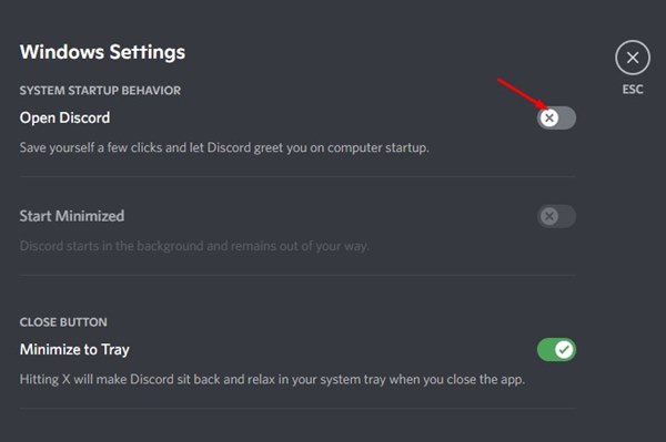 отключите переключатель «Открыть Discord»