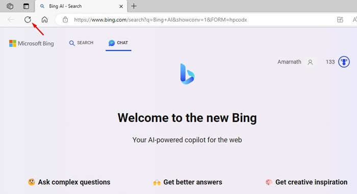 Перезагрузите страницу чата Bing.