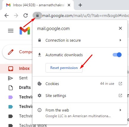 Сбросьте разрешения для Gmail