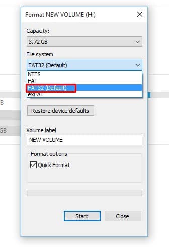 Установить формат USB FAT 32