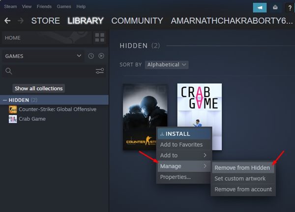 Управление > Удалить из скрытых»></a> </p>
<p>Вот и все! Вы сделали. Это отобразит скрытые игры в вашей учетной записи Steam.</p>
<h3><strong>Как удалить игру Steam?</strong> </h3>
<p>Если вы хотите навсегда удалить игру из своей учетной записи Steam, вам необходимо выполнить следующие действия. Вот как удалить игру из вашей учетной записи Steam.</p>
<p>1. Прежде всего, <strong>запустите приложение Steam</strong> на своем компьютере.</p>
<p> <a href=