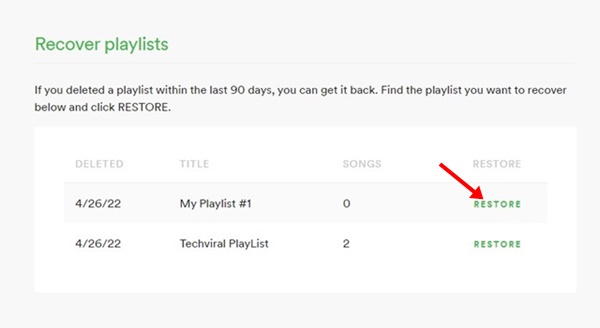 Нажмите кнопку «Восстановить» за списком воспроизведения.