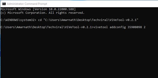 vivetool addconfig cmd