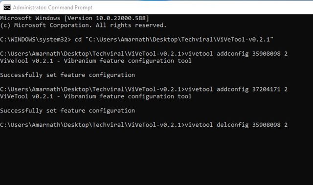 команда delconfig vivetool