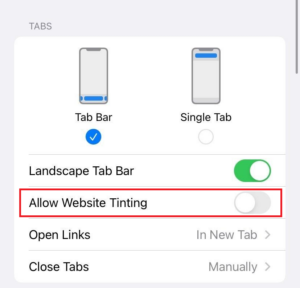 Отключить тонировку веб-сайта на iOS