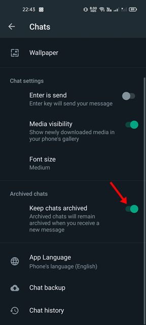 включить переключатель «Сохранить чаты в архиве»
