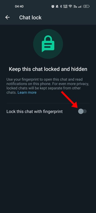 отключите переключатель «Заблокировать этот чат с помощью отпечатка пальца»