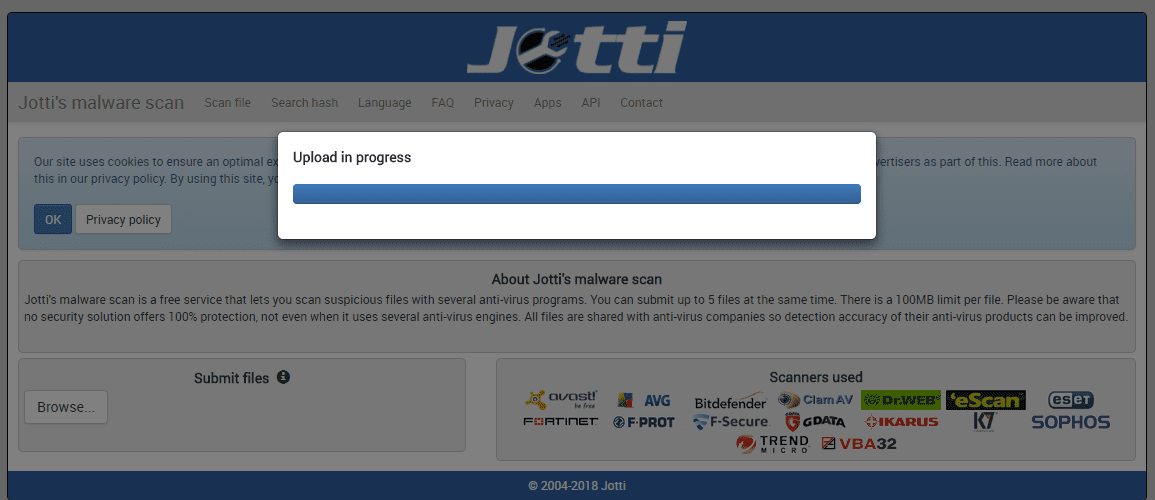 Подождите, пока сайт загрузит и отсканирует файл.